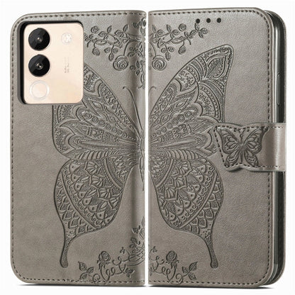 For vivo X100 Butterfly Love Flower Embossed Leather Phone Case(Gray)