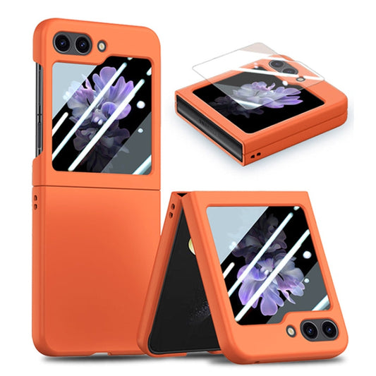 For Samsung Galaxy Z Flip6 / Flip7 FE JUNSUNMAY Smoothly PC + 9H Tempered Glass Protector Folding Phone Case(Orange)
