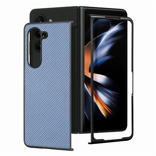 Pour Samsung Galaxy Z Fold6 JUNSUNMAY Coque de téléphone pliable en PC avec motif fibre de carbone (Bleu)