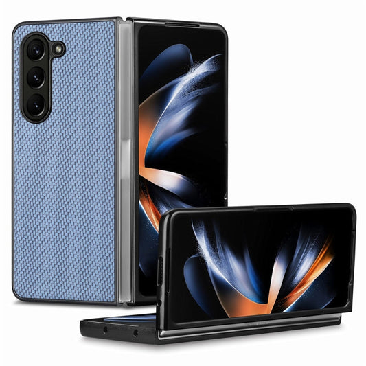 Pour Samsung Galaxy Z Fold6 JUNSUNMAY Coque de téléphone pliable en PC avec motif fibre de carbone (Bleu)