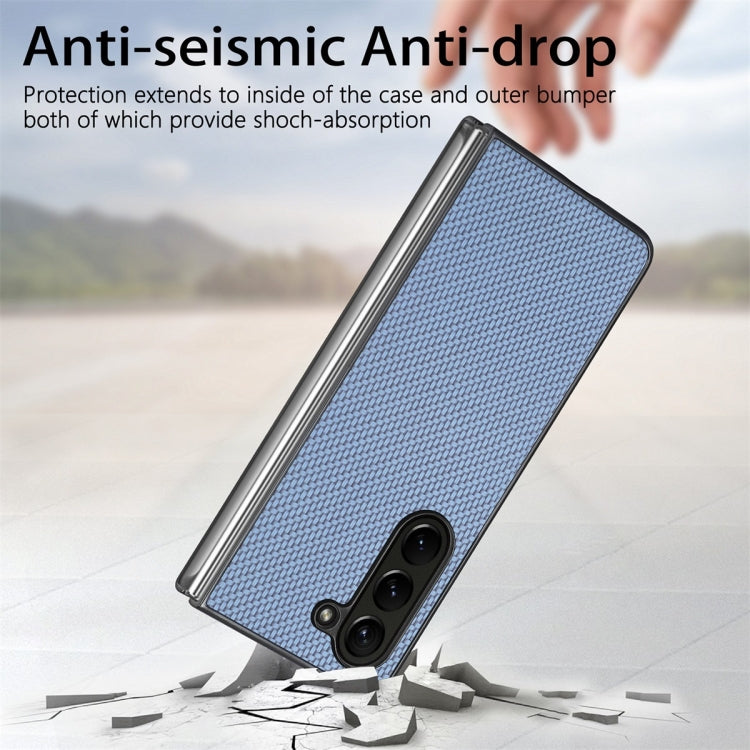 For Samsung Galaxy Z Fold6 JUNSUNMAY Carbon Fiber Pattern Leather Skin PC Folding Phone Case(Blue)