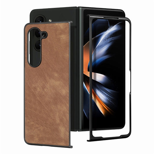 For Samsung Galaxy Z Fold6 JUNSUNMAY Retro Pattern Leather Skin PC Folding Phone Case(Brown)