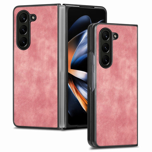 Pour Samsung Galaxy Z Fold6 JUNSUNMAY Coque de Téléphone Pliable en Cuir PC à Motif Rétro (Rose)