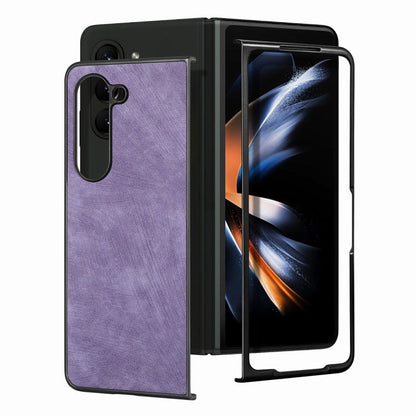For Samsung Galaxy Z Fold6 JUNSUNMAY Retro Pattern Leather Skin PC Folding Phone Case(Purple)