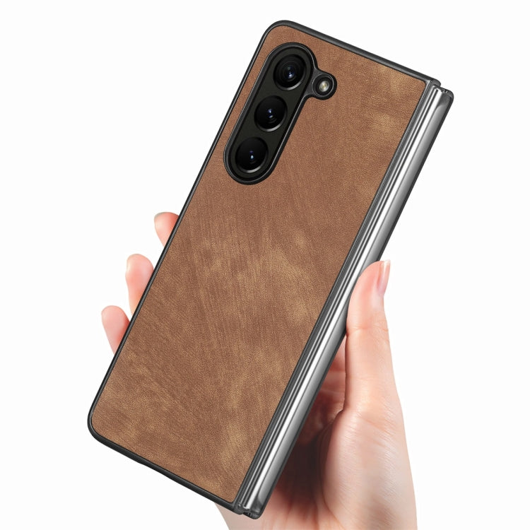 For Samsung Galaxy Z Fold6 JUNSUNMAY Retro Pattern Leather Skin PC Folding Phone Case(Brown)