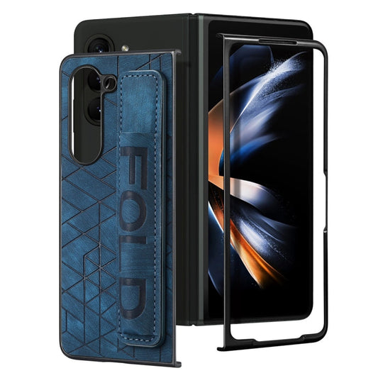 For Samsung Galaxy Z Fold6 JUNSUNMAY Retro Pattern Leather Skin PC Folding Phone Case with Pen Slot(Blue)