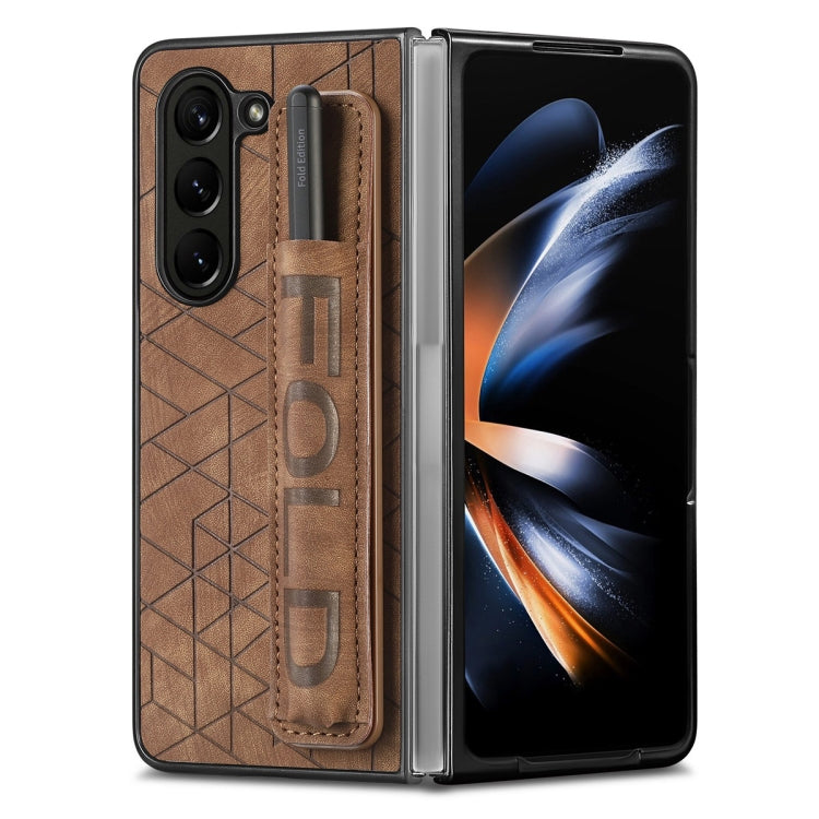 For Samsung Galaxy Z Fold6 JUNSUNMAY Retro Pattern Leather Skin PC Folding Phone Case with Pen Slot(Brown)