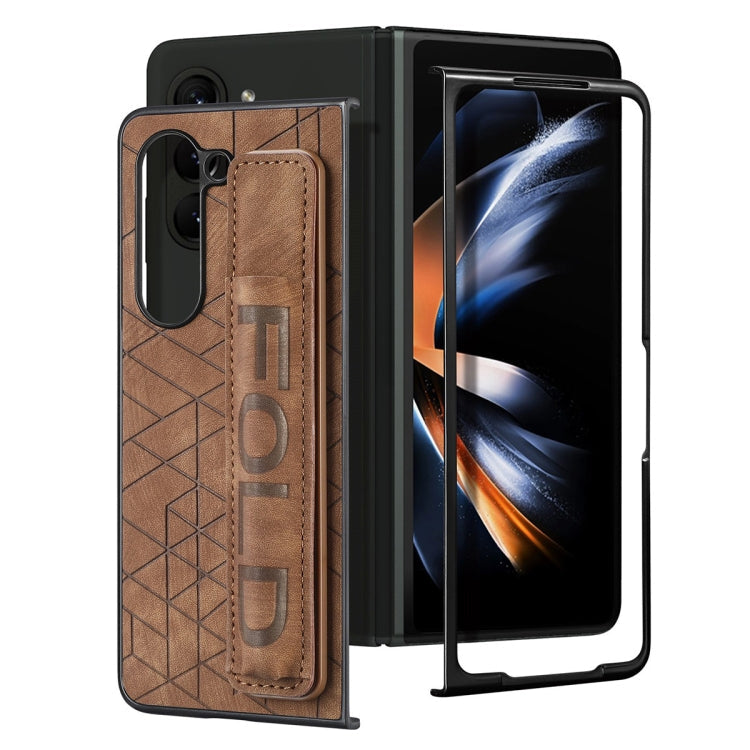 For Samsung Galaxy Z Fold6 JUNSUNMAY Retro Pattern Leather Skin PC Folding Phone Case with Pen Slot(Brown)