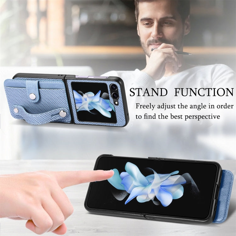 For Samsung Galaxy Z Flip6 / Flip7 FE JUNSUNMAY Carbon Fiber Pattern Leather Skin PC Folding Phone Case(Blue)