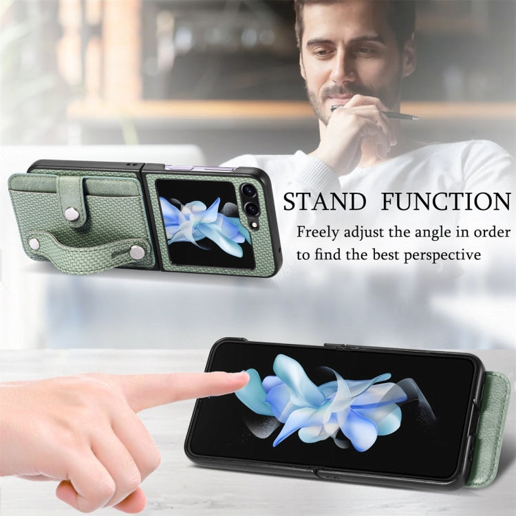 For Samsung Galaxy Z Flip6 / Flip7 FE JUNSUNMAY Carbon Fiber Pattern Leather Skin PC Folding Phone Case(Green)