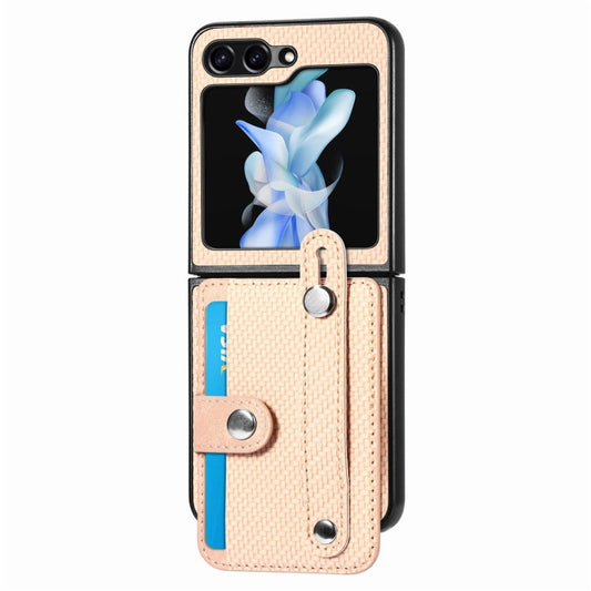 For Samsung Galaxy Z Flip6 / Flip7 FE JUNSUNMAY Carbon Fiber Pattern Leather Skin PC Folding Phone Case(Khaki)