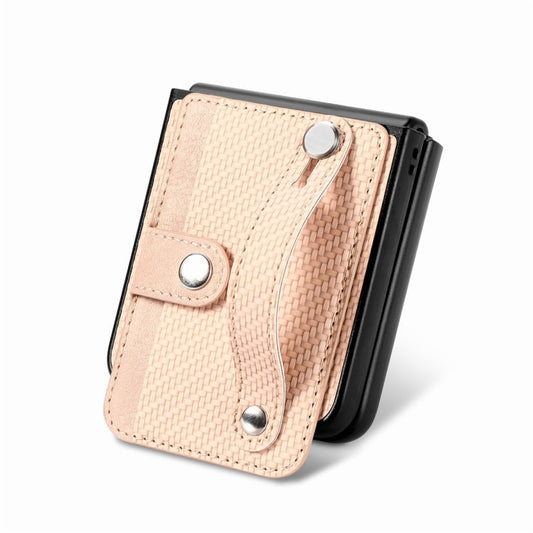For Samsung Galaxy Z Flip6 / Flip7 FE JUNSUNMAY Carbon Fiber Pattern Leather Skin PC Folding Phone Case(Khaki)