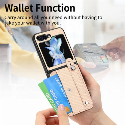 For Samsung Galaxy Z Flip6 / Flip7 FE JUNSUNMAY Carbon Fiber Pattern Leather Skin PC Folding Phone Case(Khaki)