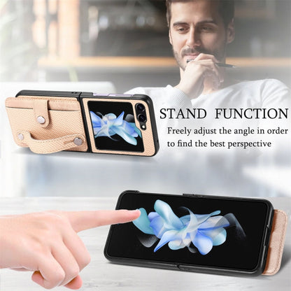 For Samsung Galaxy Z Flip6 / Flip7 FE JUNSUNMAY Carbon Fiber Pattern Leather Skin PC Folding Phone Case(Khaki)