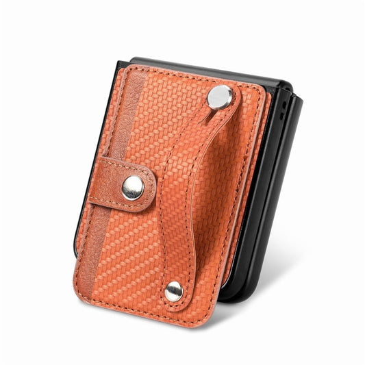 For Samsung Galaxy Z Flip6 / Flip7 FE JUNSUNMAY Carbon Fiber Pattern Leather Skin PC Folding Phone Case(Brown)