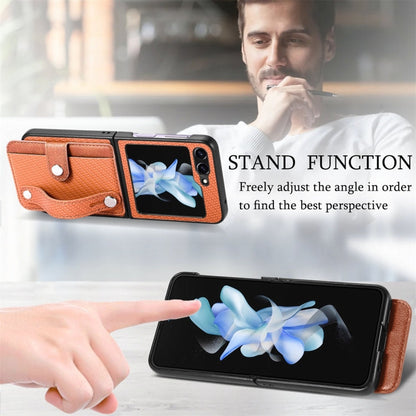 For Samsung Galaxy Z Flip6 / Flip7 FE JUNSUNMAY Carbon Fiber Pattern Leather Skin PC Folding Phone Case(Brown)