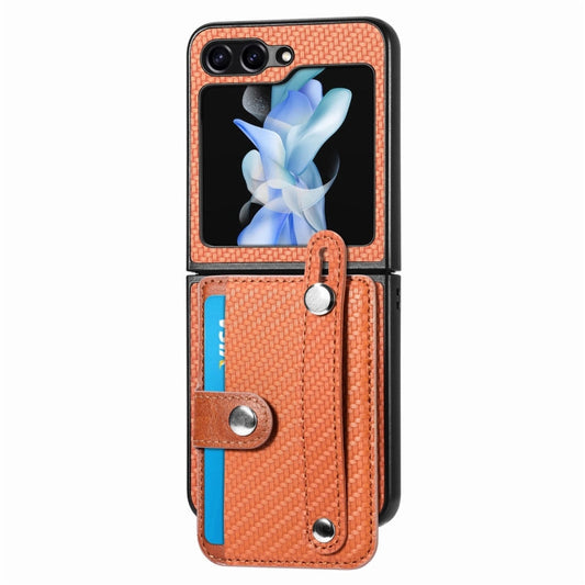 For Samsung Galaxy Z Flip6 / Flip7 FE JUNSUNMAY Carbon Fiber Pattern Leather Skin PC Folding Phone Case(Brown)