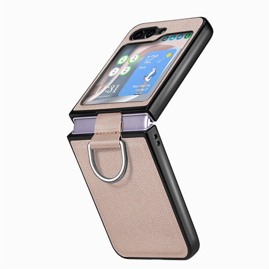 For Samsung Galaxy Z Flip6 / Flip7 FE JUNSUNMAY Litchi Leather Skin PC Folding Phone Case with Phone Ring(Khaki)