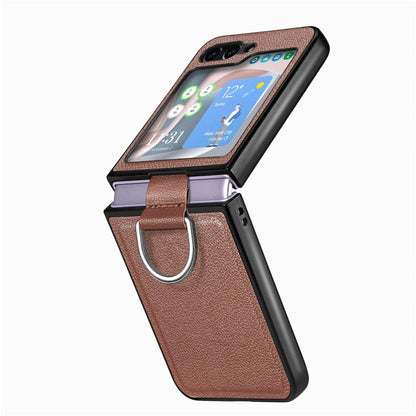 Pour Samsung Galaxy Z Flip6 / Flip7 FE JUNSUNMAY Étui de téléphone pliable en cuir litchi PC avec anneau de téléphone (marron)