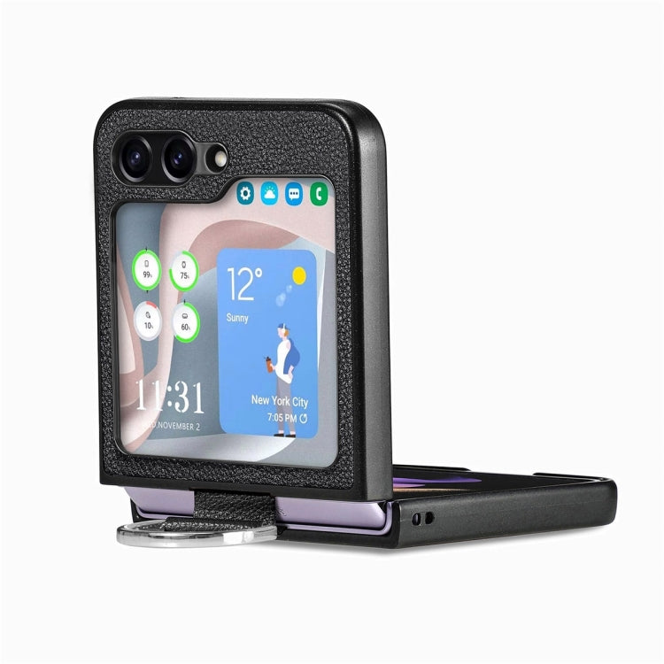 For Samsung Galaxy Z Flip6 / Flip7 FE JUNSUNMAY Litchi Leather Skin PC Folding Phone Case with Phone Ring(Khaki)