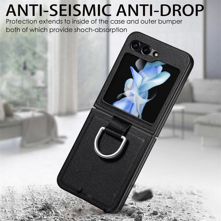 For Samsung Galaxy Z Flip6 / Flip7 FE JUNSUNMAY Litchi Leather Skin PC Folding Phone Case with Phone Ring(Khaki)