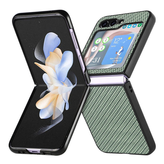 For Samsung Galaxy Z Flip6 / Flip7 FE JUNSUNMAY Carbon Fiber Pattern Leather Skin PC Folding Phone Case(Green)