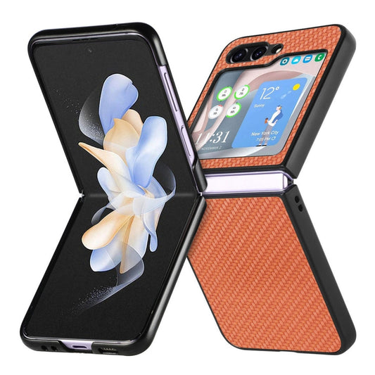 For Samsung Galaxy Z Flip6 / Flip7 FE JUNSUNMAY Carbon Fiber Pattern Leather Skin PC Folding Phone Case(Brown)