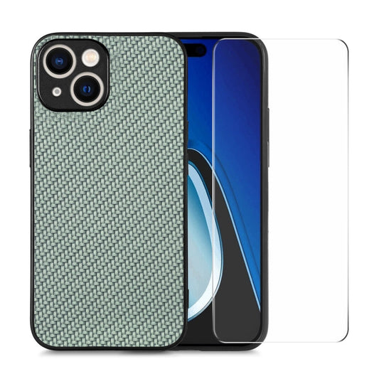 For iPhone 15 Plus ENKAY Fiber Leather Skin PC Phone Case with High Aluminum-silicon Glass Film(Green)