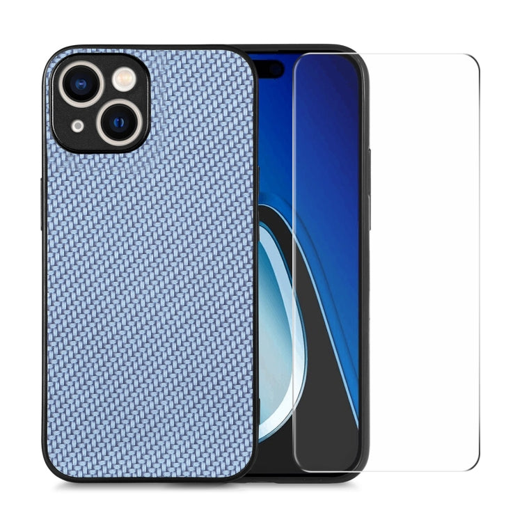 Pour iPhone 14 Plus Étui de téléphone en PC avec revêtement en cuir de fibre ENKAY et film en verre trempé haute teneur en aluminium-silicium (bleu)