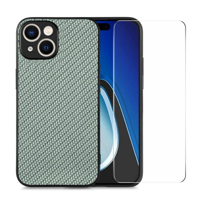 For iPhone 14 Plus ENKAY Fiber Leather Skin PC Phone Case with High Aluminum-silicon Glass Film(Green)