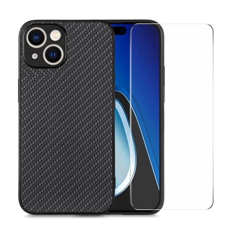 For iPhone 14 ENKAY Fiber Leather Skin PC Phone Case with High Aluminum-silicon Glass Film(Black)