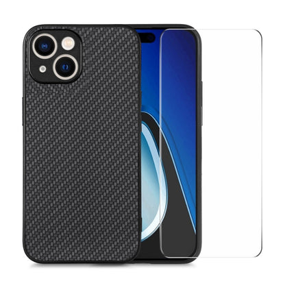 For iPhone 14 ENKAY Fiber Leather Skin PC Phone Case with High Aluminum-silicon Glass Film(Black)