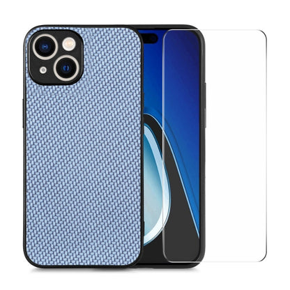 For iPhone 14 ENKAY Fiber Leather Skin PC Phone Case with High Aluminum-silicon Glass Film(Blue)