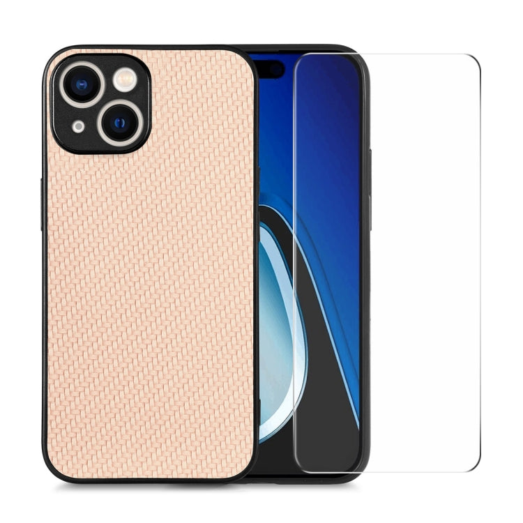 For iPhone 14 ENKAY Fiber Leather Skin PC Phone Case with High Aluminum-silicon Glass Film(Khaki)