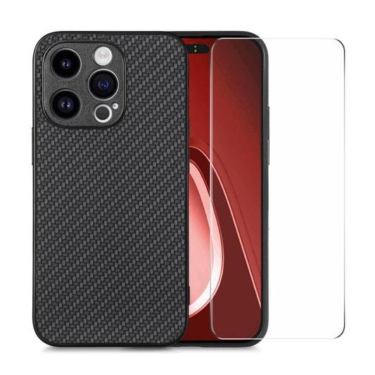 Pour iPhone 14 Pro Coque de téléphone en PC avec revêtement en fibre de cuir ENKAY et Film en verre haute teneur en aluminium-silicium (Noir)
