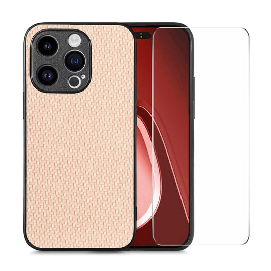 Pour iPhone 14 Pro Coque de téléphone en PC avec revêtement en cuir de fibre ENKAY et film en verre à haute teneur en aluminium-silicium (kaki)