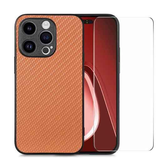 Pour iPhone 14 Pro Coque de téléphone en PC avec revêtement en cuir de fibre ENKAY et film en verre aluminium-silicium (marron)