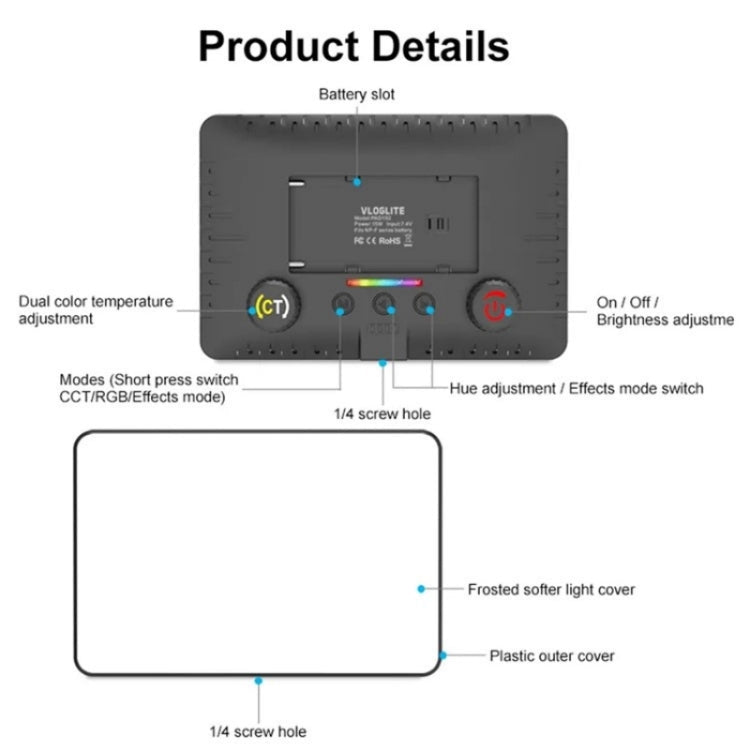 VLOGLITE PAD192RGB Pour appareil photo reflex numérique GoPro Lumière d'appoint LED RVB Pleine couleur Éclairage photographique