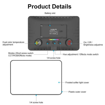 VLOGLITE PAD192RGB Pour appareil photo reflex numérique GoPro Lumière d'appoint LED RVB Pleine couleur Éclairage photographique
