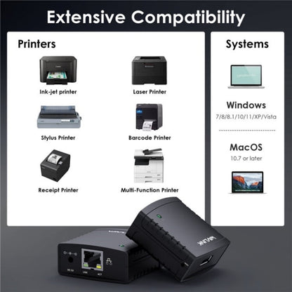 WAVLINK NU72P11 100Mbps Network Print Server USB 2.0 Network Printer Power Adapter(UK Plug)