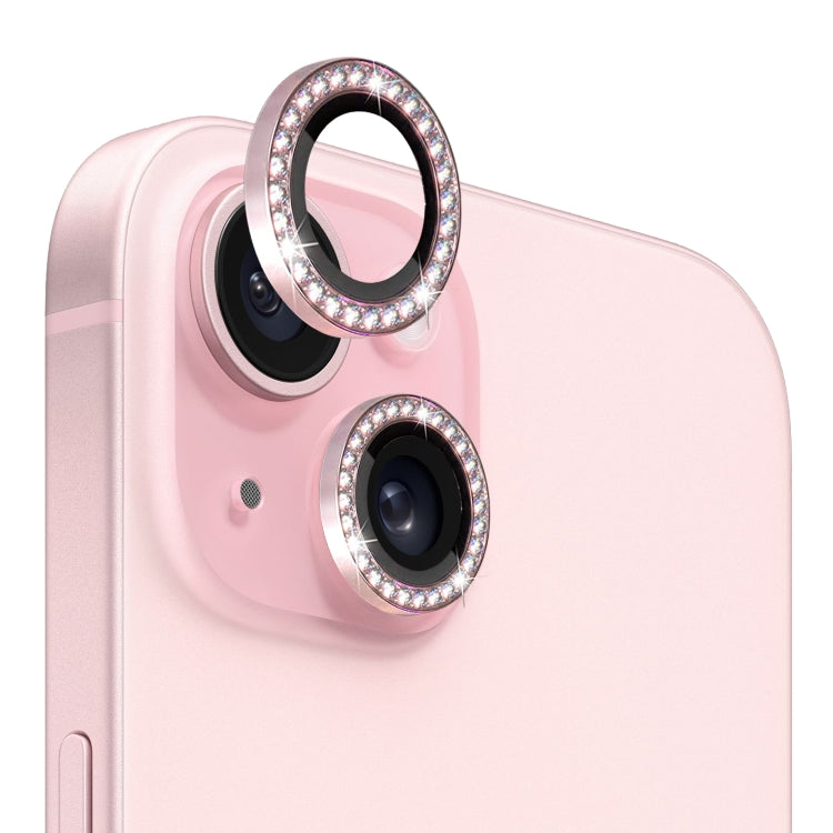 Pour iPhone 15 / 15 Plus NORTHJO Protecteur d'objectif d'appareil photo en verre trempé avec anneau en strass métallique (Rose)