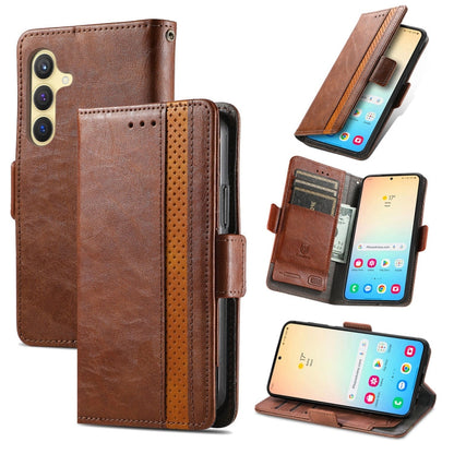 For Samsung Galaxy S25 5G CaseNeo Splicing Dual Magnetic Buckle Leather Phone Case(Brown)