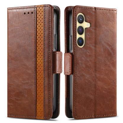 For Samsung Galaxy S25 5G CaseNeo Splicing Dual Magnetic Buckle Leather Phone Case(Brown)