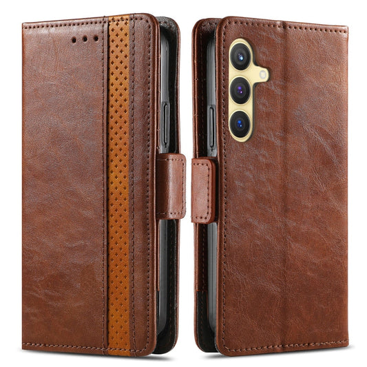 For Samsung Galaxy S25 5G CaseNeo Splicing Dual Magnetic Buckle Leather Phone Case(Brown)