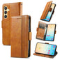 For Samsung Galaxy S25 5G CaseNeo Splicing Dual Magnetic Buckle Leather Phone Case(Khaki)
