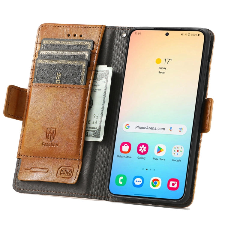 For Samsung Galaxy S25 5G CaseNeo Splicing Dual Magnetic Buckle Leather Phone Case(Khaki)