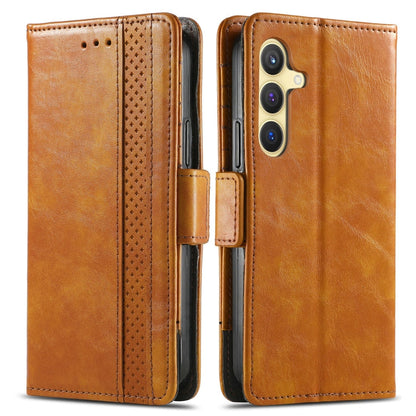 For Samsung Galaxy S25+ 5G CaseNeo Splicing Dual Magnetic Buckle Leather Phone Case(Khaki)