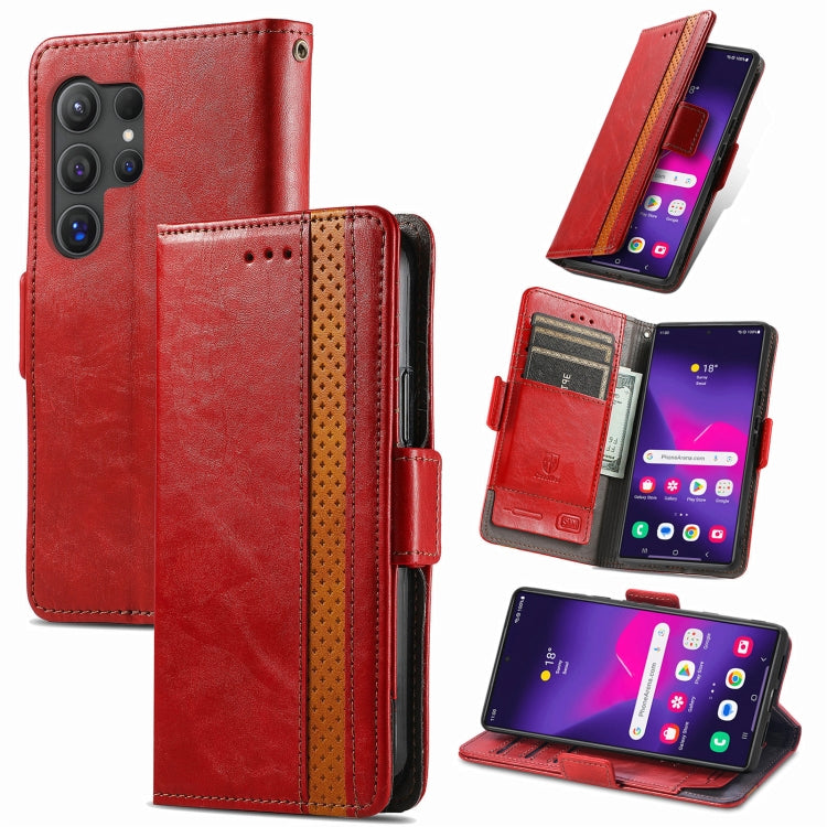 Pour Samsung Galaxy S25 Ultra 5G Coque Téléphone en Cuir avec Double Boucle Magnétique et Épissure (Rouge)