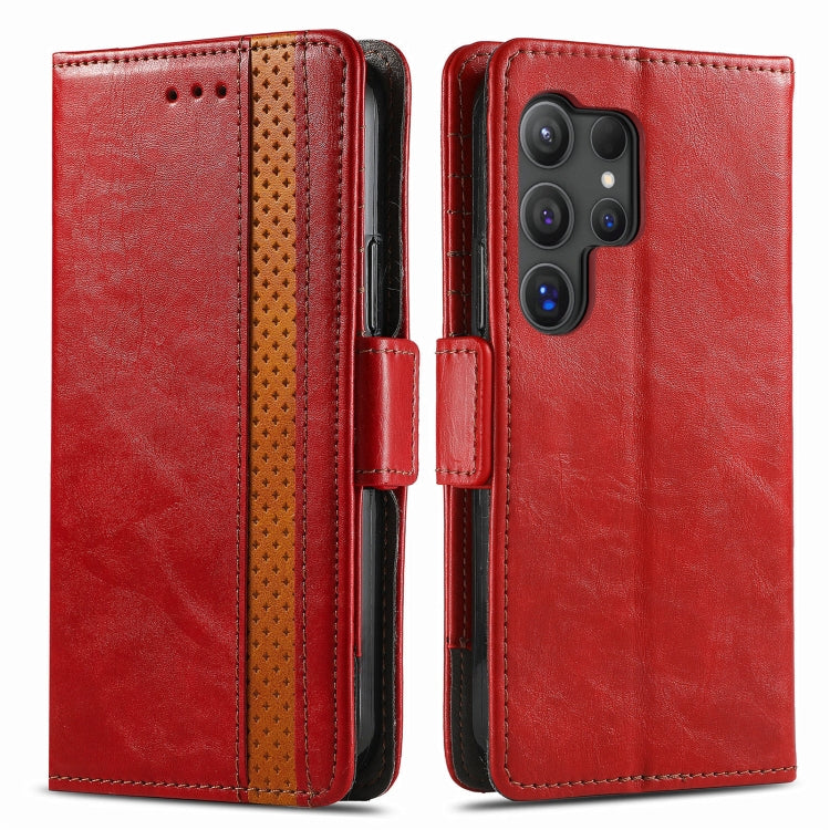 Pour Samsung Galaxy S25 Ultra 5G Coque Téléphone en Cuir avec Double Boucle Magnétique et Épissure (Rouge)