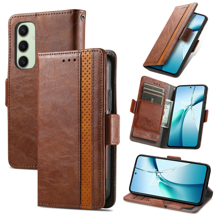 For Samsung Galaxy S24 FE 5G CaseNeo Splicing Dual Magnetic Buckle Leather Phone Case(Brown)